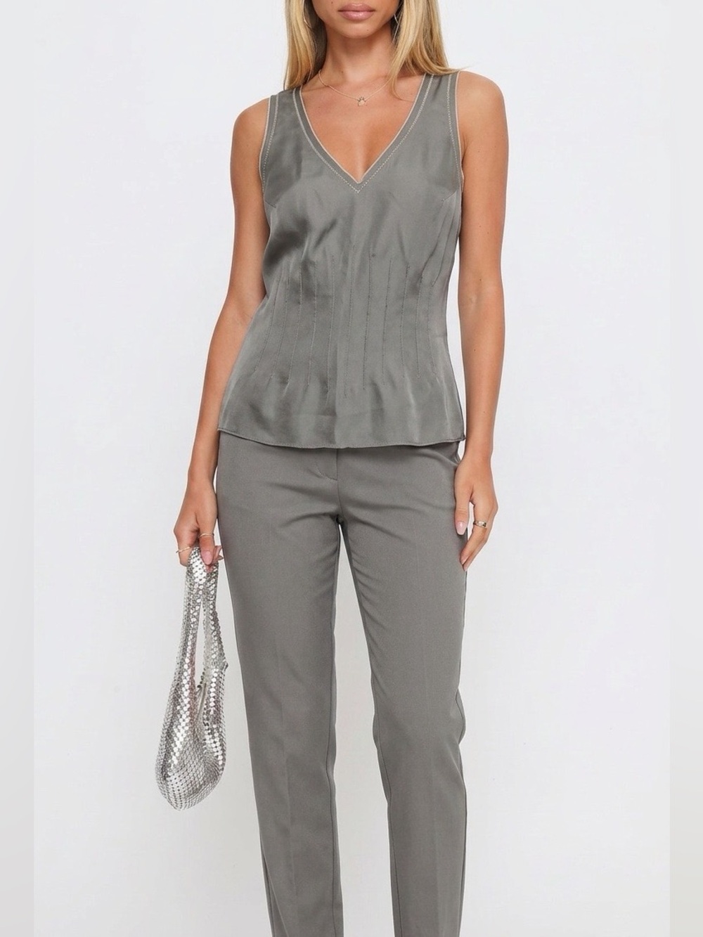 Calvin Klein 100% Silk Olive Green V-Neck Pleated Camisole